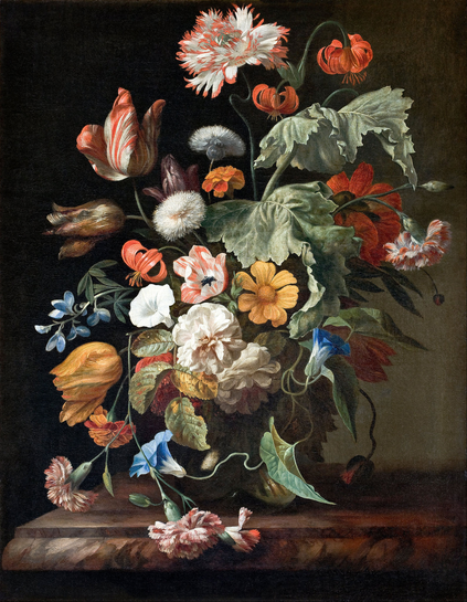 A Baroque painting of a bouquet of flowers, on a marble tabletop; they sit in a vase or urn that is not visible. The flowers, painstakingly done in great detail, include tulips, carnations, marigolds, dandelions in the puff stage, and others. This is evidently a work of fantasy as the flowers are not ones that would be in bloom at the same time.