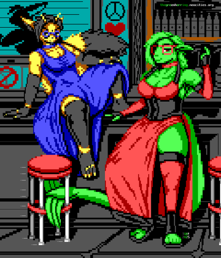 At a local bar, two genderfluid shapeshifters assuming feminine forms while wearing glasses and dresses are at the counter.

One of them is a smiling green fishperson with a long and thick tail, wearing red-rimmed glasses in a red side-slit dress with black rubber straps, trimming and corset; long red gloves with black trims; and red thigh-high boots with black trimming and instep as well as exposed ankles and toes.

The other person is a small, smirking, golden fennec fox with antennae, a black jewel in their forehead and a massive bushy tail, as well as black fur on their arms and legs suggesting gloves and stockings, and a tuft of black fur on their chin. They are wearing blue-rimmed glasses, a blue collar, a long blue dress, gold bracelets and anklets, and gold rings on their fingers and toes.

The fish is resting one hand on the counter and beckoning the viewer with their other hand as they pull up a stool for the viewer to sit on using their tail; while the fox is sitting on the counter propped up with one arm and the other resting on their raised knee, their skirt falling over the edge.