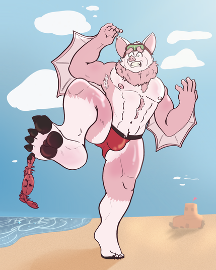 Cal the hognosed bat, beach ready in his bathing suit accidentally steps on a crab and it pinches his foot.