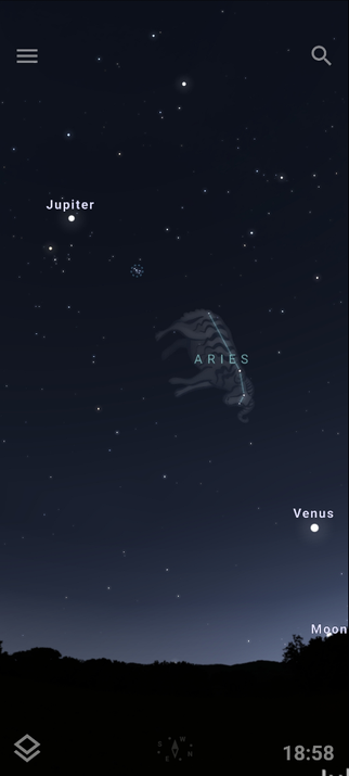 Sky map from stellarium app showing moon, venus, and jupiter at my location