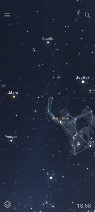 Sky map from stellarium app showing moon, venus, and jupiter at my location