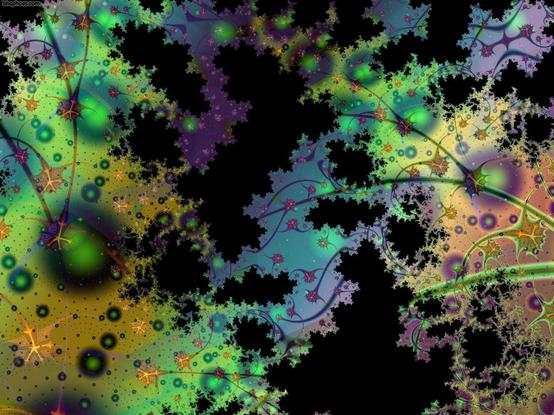 lace-like underiterated julia set blobs with colored balls and neuron-like structures, blue and green