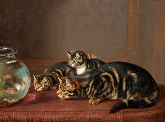 painting in landscape orientation, three orange and black striped cats (perhaps mother and two kittens, one with red bowed collar) sitting on a table with a red tablecloth, staring at a glass fishbowl with goldfish to their left (on left end of composition,  partially cut off edge), with grey-brown wall behind them