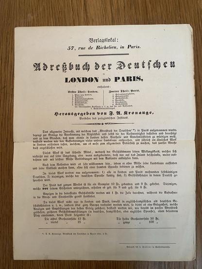 Foto des Werbeblatt für das Adressbuch der Deutschen von 1854