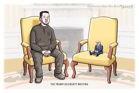 two chairs in the oval office

on the left sits Zelensky in loose clothing, eyes wide open hands clasped in his lap

on the right is a miniature trump in a suit and tie, looking like a doll perched on the seat

the ratio of the drawings suggest that Zelensky is 10x the man Trump is  [which still understates it]

The caption reads: The Trump-Zelensky Meeting