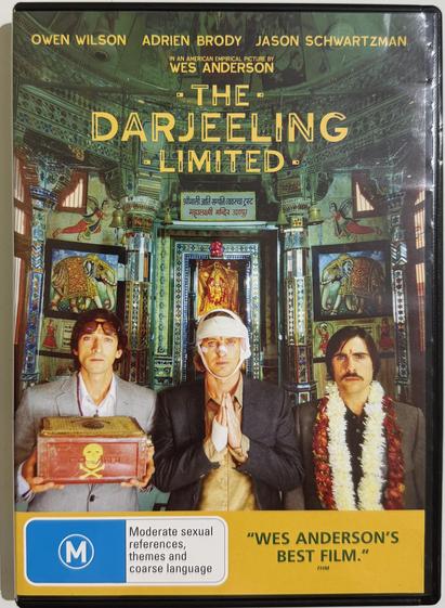 DVD cover of The Darjeeling Limited, with Adrien Brody, Owen Wilson, Jason Schwartzman.