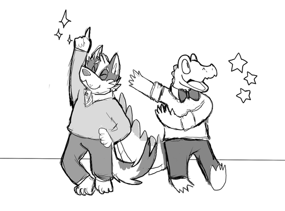 A dog strikes a dance pose with his right arm raised and his index finger pointing upwards. Next to him is an alligator striking a dance pose that compliments his friend's moves. Together they light up the room.