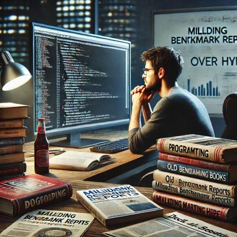 A Developer reading code and ignoring the books which are next to him