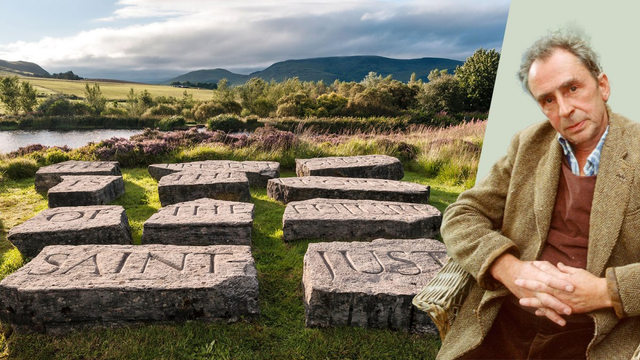 Photo: finlay with one of the less mobile pieces of work at Little Sparta