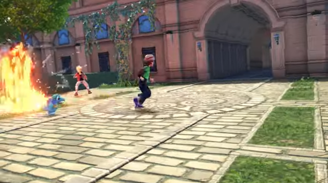 Captura del nuevo ZA donde se ve al protagonista escapando con Totodile de un Tepig haciendo el ataque rodar.