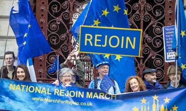 A vibrant crowd marches with banners and flags, advocating for rejoining the EU, filled with hope and determination.