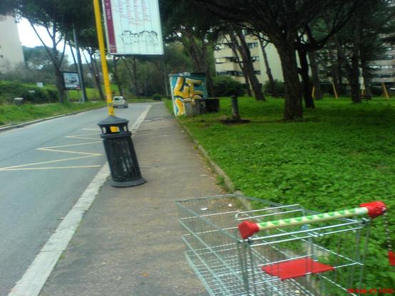Farbfoto, aufgenommen an einer Straße in Rom mit Bushaltestelle und schwarzem Papierkorb vor dem Mast mit der Liste der Fahrzeiten. Weiter hinten eine öffentliche Toilette mit grellen Graffiti. Rechts Bäume und Rasen. Im Vordergrund ein abgestellter Einkaufswagen.