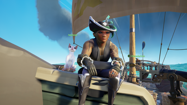 Screenshot from Sea of Thieves of a female pirate sitting on the side of the deck with her white cat