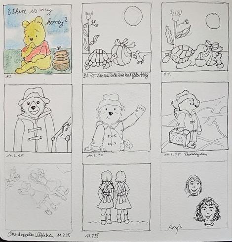 Seite eines Skizzenbuchs, das die Entwicklung von Ideen und Figuren zeigt, meist reine Finelinerskizzen in 9 kleinen Quadraten
1. Winni Pu, 2. u. 3. Die Schildkröte hat Geburtstag und erhält ein rundes Geschenk von einer Maus, 4. bis 6. Figuren von Bär Paddington, 7. und 8. Das doppelte Lottchen, 9. 2 Köpfe um ein Bild von Ronja Räubertochter zu entwickeln
