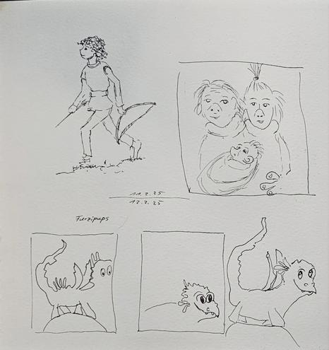 Seite eines Skizzenbuchs, das die Entwicklung von Ideen und Figuren zeigt, reine Finelinerskizzen 
Oben Links Ronja mit Pfeil und Bogen, daneben in einem groben Quadrat drei Rumpelwichte
Darunter drei Entwicklungsstufen von Furzipups, der Knatterdrache