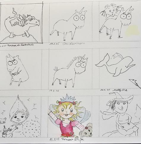 Seite eines Skizzenbuchs, das die Entwicklung von Ideen und Figuren zeigt, meist reine Finelinerskizzen in 9 kleinen Quadraten
1. Furzipups, der Knatterdrache, 2.-5. Das Neinhorn in unterschiedlichen Posen, 6. Ein Pottwahl mit Fontaine und einer Hapune von unten rechts, 7. Rotkäppchen mit Blumenstrauß,  Korb mit Wein und die Schnauze eines Wolfes, 8. Aquarell von Prinzessin Lilifee, 9. Hexe Peronella Apfelmus