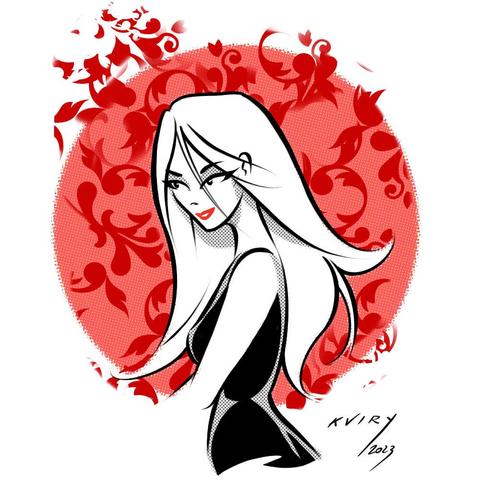 Esercizi di stile - N.003  _ Figura femminile in bianco e nero su sfondo rosso a fiori.