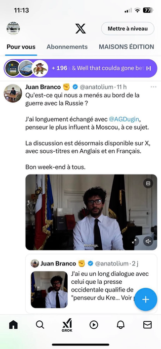 Capture d’écran d’un tweet de Juan Branco qui se targue d’avoir discuté avec le crypto nazi  Dugin, “intellectuel du Kremlin”