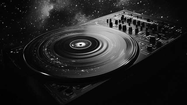 L'Espace-Temps de la Musique
Platines de DJ transformées en une galaxie tourbillonnante, fusionnant l’univers cosmique et la musique dans une vision surréaliste et monochrome.
DJ turntables transformed into a swirling galaxy, merging the cosmic universe and music in a surreal and monochrome vision.