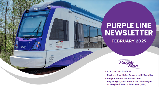 front page of the purpleline newslewtter - shows a purple lone train