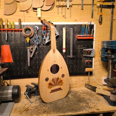 An oud I built recently, photographed in my workshop. Front view.