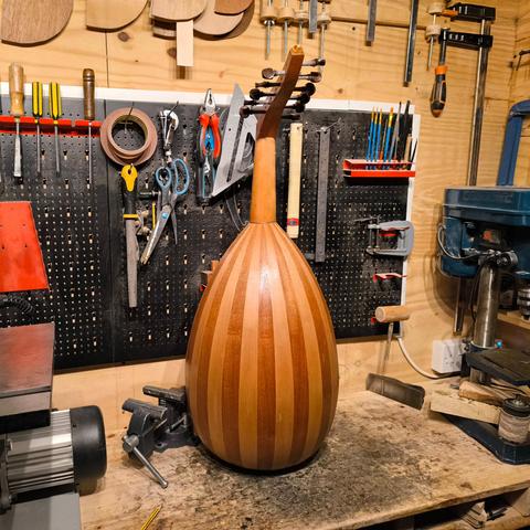 An oud I built recently, photographed in my workshop. Back view.