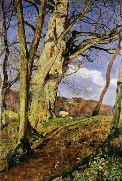 "The primrose and harebells in the foreground and the ewe and two lambs on the ridge, herald the arrival of spring, though the trees are still bare, their branches picked out in sharp detail against the blue sky. The microscopic detail epitomises the Pre-Raphaelite approach to landscape painting, which sacrificed perspective to careful finish." It has the appearance of a full colour photograph in style and composition, rather than a painting.
