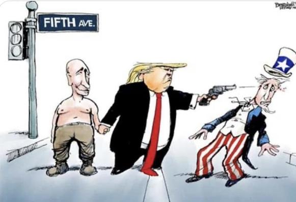Cartoon by Bill Bramhall where Donald "Krasnov" Trump Jr. is holding hands with a smiling Vlad Putin while shooting Uncle Sam a bullet through the head, on 5th Avenue.