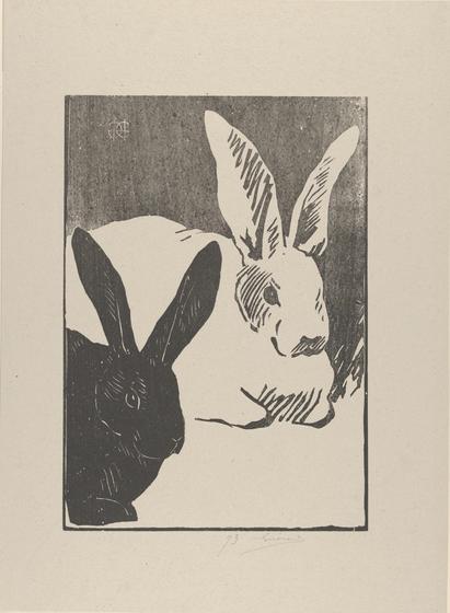 Woodcut in black ink on light tan cardboard showing a black rabbit and a white rabbit sitting together, calmly looking toward the viewer.

It is in a Victorian illustration style and is an image of a work by Henri Charles Guérard from 1893.