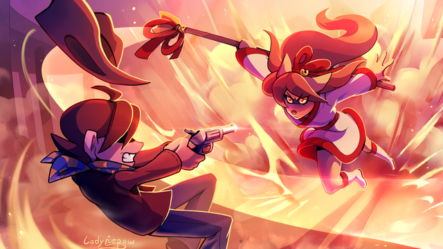 Fan art for Undertale Yellow, showing the genocide fight between Ceroba and Clover. Ceroba is dashing towards her opponent with fury in her eyes, throwing up thick clouds of dust in the fiery desert environment. Clover is gritting their teeth and pointing their revolver straight at the woman before them.