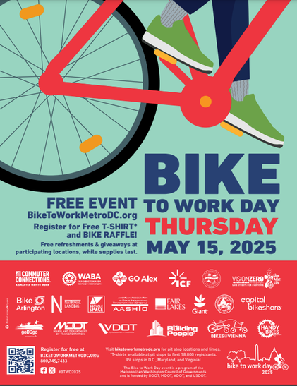 bike to work day poster with bicycle and date of bike to work day which is Thursday may 15, 2025