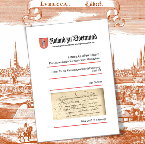 Neue Roland-Forschungshilfe „Hanse.Quellen.Lesen!“, Cover vor einem Stich von Lübeck von Merian.