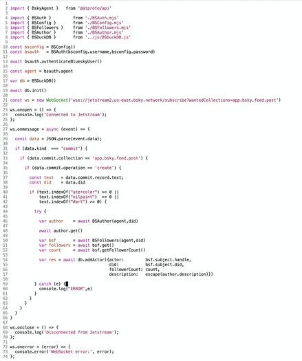 Screenshot of janky javascript code parsing the Jetstream bluesky data