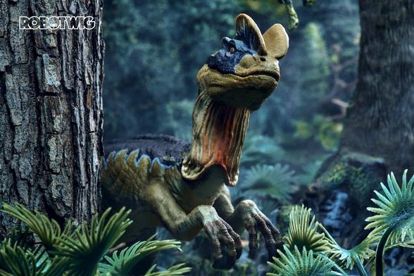 Dilophosaurus appears inquisitively from behind a tree
