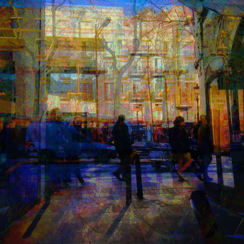 Barcelona digital glitch street photography, made with the GNU Image Manipulation Program and Tenacity.