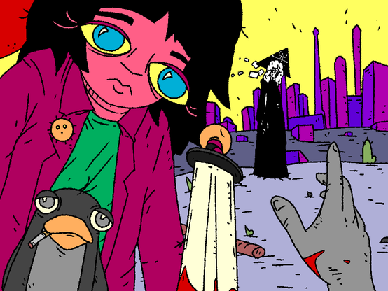 A Mata person with OpenBlade in their chest reaches towards METACITY. Fossangel stands in the distance.

Girl and Penguin watch them die.