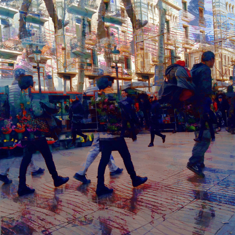 Barcelona digital glitch street photography, made with the GNU Image Manipulation Program and Tenacity.