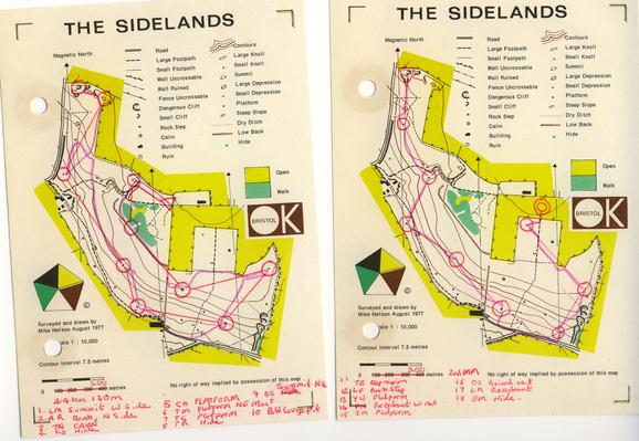 Two copies of a very small one to ten thousand orienteering map of a runnable woodland on a south facing slope.  The map is four colour (no blue register as it is a limestone area and dry).