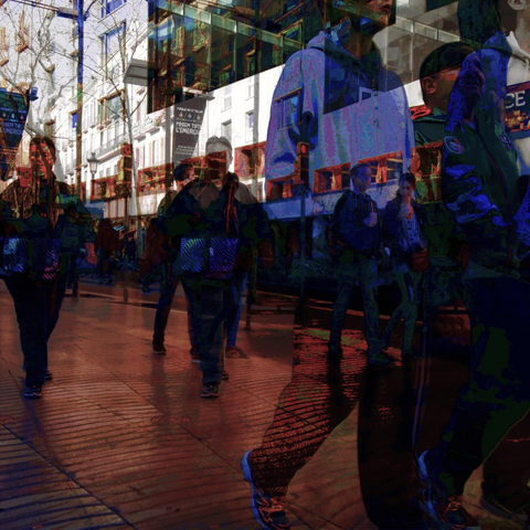 Barcelona digital glitch street photography, made with the GNU Image Manipulation Program and Tenacity.