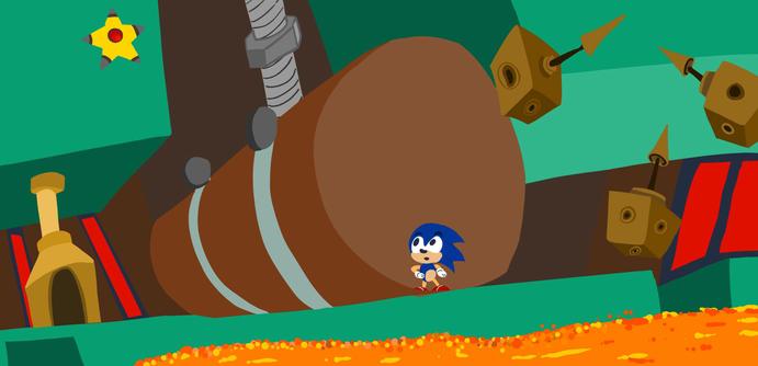 a drawing by me of sonic in the setting of metropolis zone from sonic 2, it is a lineless, all flats drawing