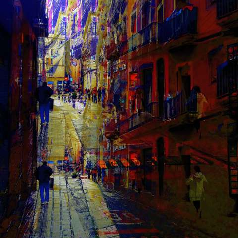 Barcelona digital glitch street photography, made with the GNU Image Manipulation Program and Tenacity.