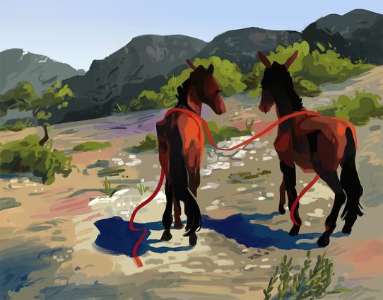 A painting of two mules on a mountain, with a red ribbon draped over both of their backs.