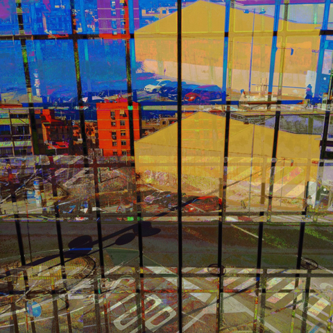 Barcelona digital glitch street photography, made with the GNU Image Manipulation Program and Tenacity.