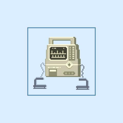 64x64 pixel art of a portable defibrillator, with a screen showing heartbeat information and two paddles attached to the sides