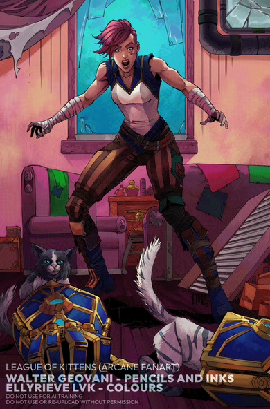 Vi from Arcane / League of Legends surrounded by kittens. There are smashed windows and mirrors in the background. The kittens are occupying Vi's gloves... 

"If it fits I sits"

Pencils and Inks are by Walter Geovani. Colours by Ellyrieve LVK