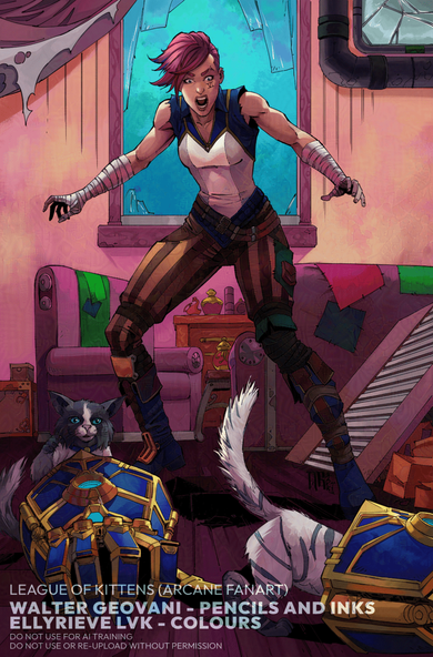 Vi from Arcane / League of Legends surrounded by kittens. There are smashed windows and mirrors in the background. The kittens are occupying Vi's gloves... 

"If it fits I sits"

Pencils and Inks are by Walter Geovani. Colours by Ellyrieve LVK