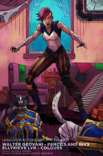 Vi from Arcane / League of Legends surrounded by kittens. There are smashed windows and mirrors in the background. The kittens are occupying Vi's gloves... 

"If it fits I sits"

Pencils and Inks are by Walter Geovani. Colours by Ellyrieve LVK