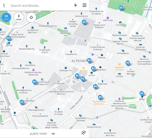 Map of Munich showing all public toilets.