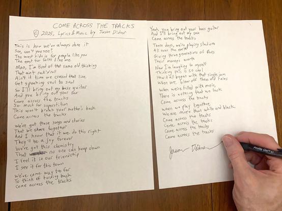 The handwritten lyric sheet for Jason Didner's new song "Come Across the Tracks."