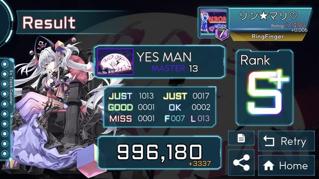"NO ONE YES MAN" by MYUKKE. (from Phigros), Master chart rated 13.
996,180 points and rank S+. Upscored by 3,337.
1 miss.
